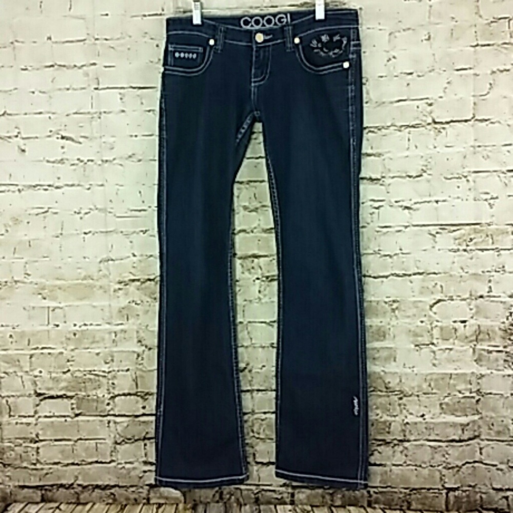 Coogi Straight Leg Jeans Size 7/8  Low Rise Blue Embroidered Pockets EUC